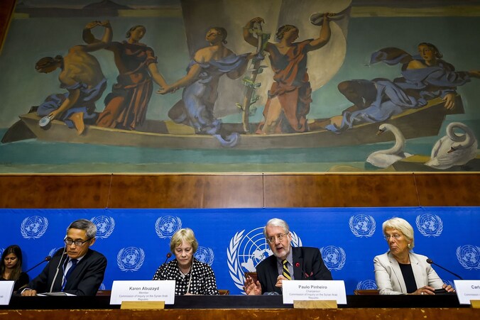 De leden van de onderzoekscommissie voor Syrië van de Mensenrechtenraad van de Verenigde Naties gaven vandaag meer uitleg bij het rapport.
