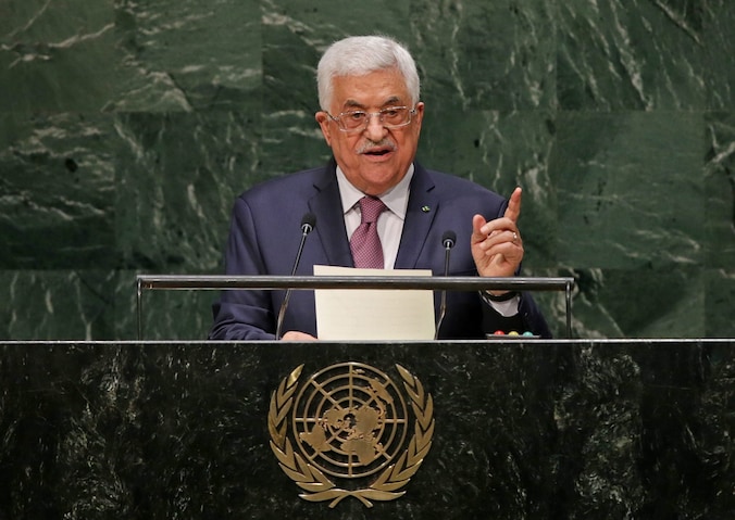 De Palestijnse president Mahmoud Abbas tijdens zijn toespraak voor de Verenigde Naties.