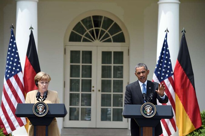 De Duitse Bondskanslier Angela Merkel en Amerikaanse president Barack Obama beantwoordden gisteren vragen van de pers.
