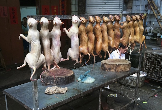 Dode honden hangen te koop bij een kraam in Yulin.