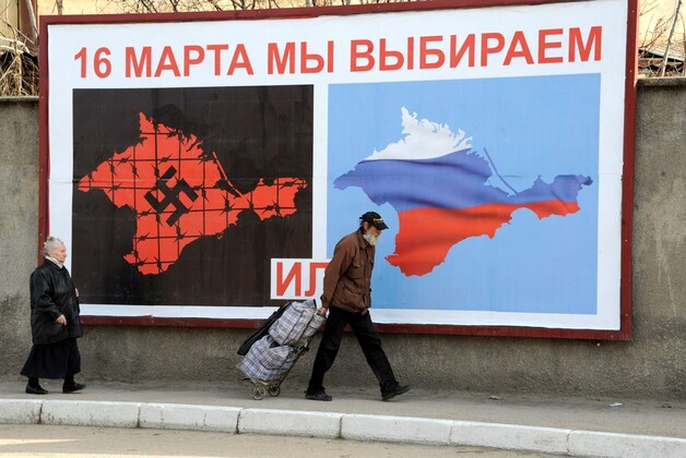 Een pro-Russisch reclamebord in aanloop naar het referendum van komende zondag in Sebastopol, op de Krim.