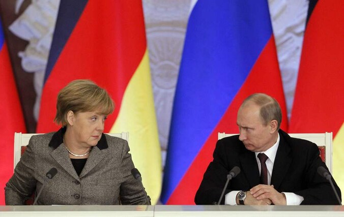 De Duitse bondskanselier Angela Merkel en de Russische president Vladimir Poetin.