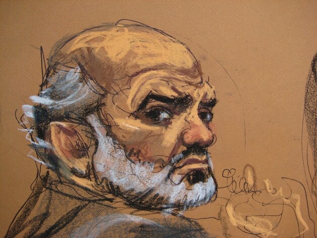 Bin Ladens schoonzoon Suleiman Abu Ghaith op een vorige week in de rechtbank gemaakte tekening.