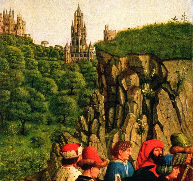 Een fragment uit 'De rechtvaardige rechters'. De rotsen moeten de rotsen van Marche-les-Dames voorstellen.