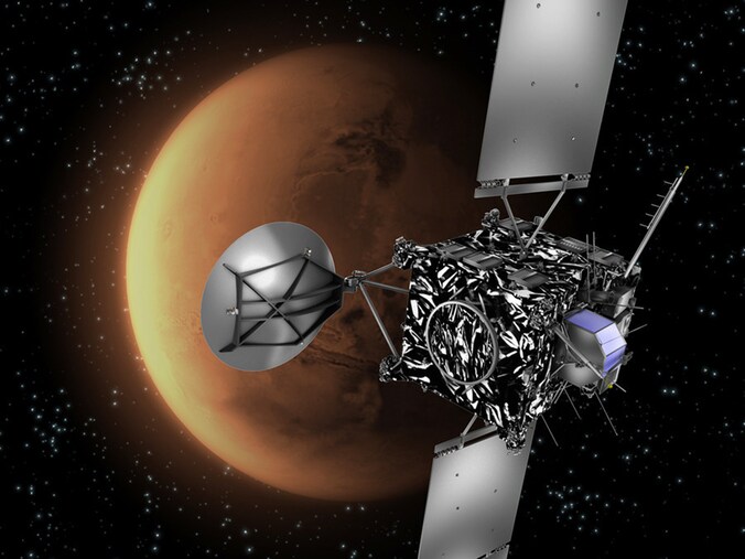 Een door ESA verspreide impressie van Rosetta, met op de achtergrond de planeet Mars.