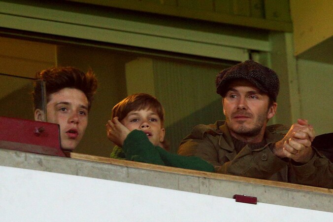David Beckham met zijn zoontjes Romeo en Brooklyn.