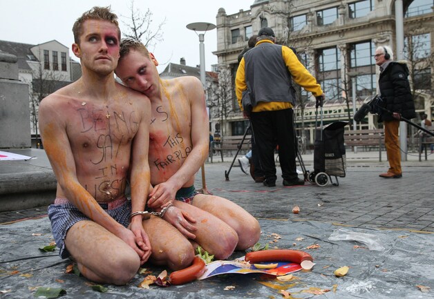 Antwerpse actie tegen homofobe wetten in Rusland.