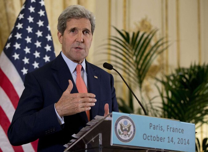 John Kerry vandaag op de persconferentie in Parijs.