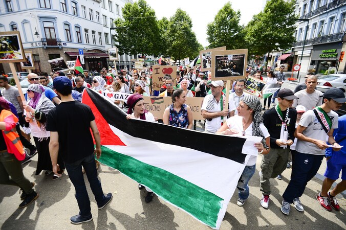 Demonstranten demonstreren voor vrede in de Gazastrook in Brussel in juli.
