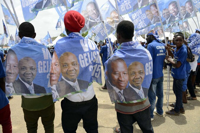 Aanhangers van president Goodluck Jonathan nemen deel aan een verkiezingsrally in Akure, in het zuidwesten van Nigeria.