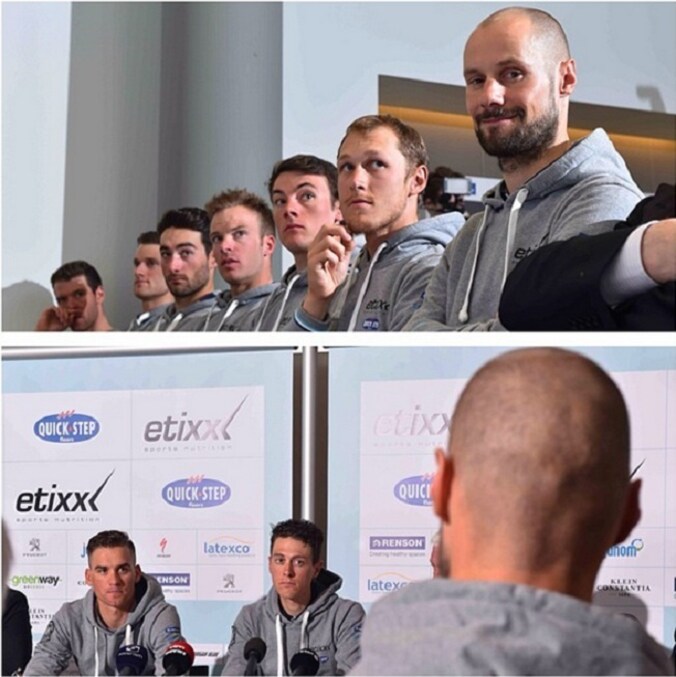 Vreemd om Tom Boonen tijdens de persconferentie voor de Ronde van Vlaanderen eens niet vooraan uitleg te zien geven. Hij luistert naar Stybar en Terpstra die in Boonens afwezigheid het kopmanschap delen.
