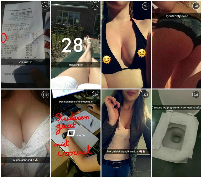 Een selectie van de foto's die verschenen op de Snapchataccount 'Gentstudent'. Tussen de toilethumor ook veel seksueel getinte posts.