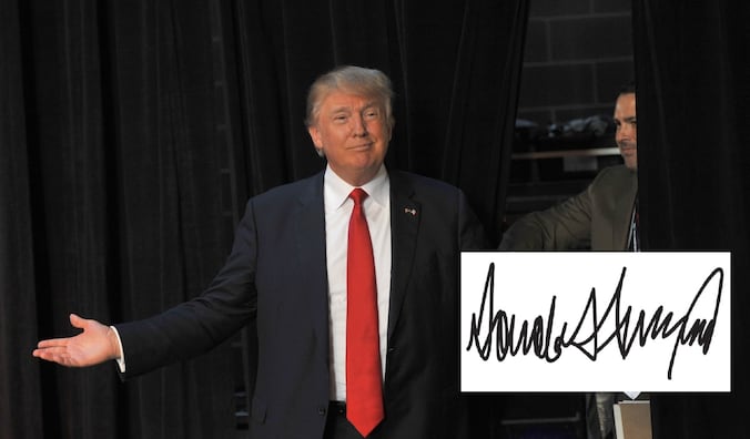 Donald Trump en zijn handtekening.