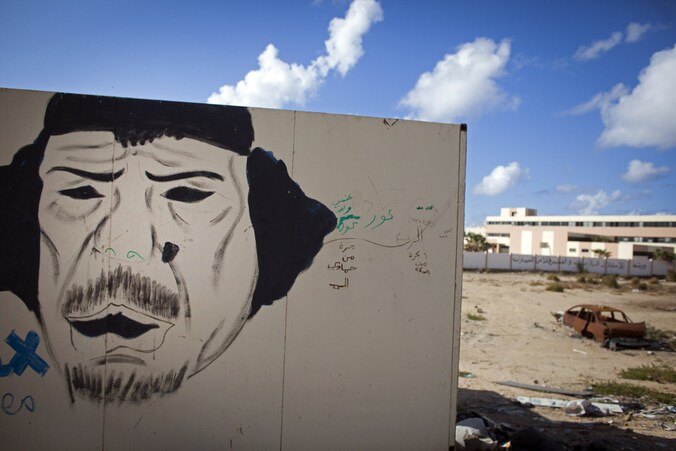 Een spotprent van Mouammar Kadhafi in Benghazi, maandenlang het belangrijkste bolwerk van het verzet tegen de dictator.