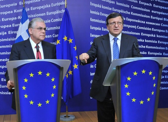 President van de Europese Commissie Jose Manuel Barroso en Griekse Premier Lucas Papademos