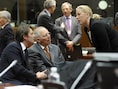 De Franse minister van Financiën Francois Baroin, Duitse minister van Financiën Wolfgang Schauble en Finse collega Jutta Urpilainen
