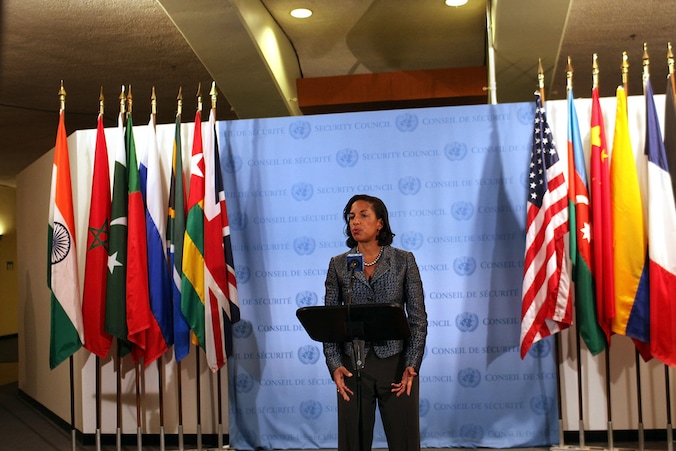 VS-ambassadrice Susan Rice staat de pers tewoord.