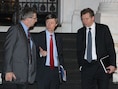 Klaus Masuch (Europese Centrale Bank), Poul Thomsen, (hoofd IMF Griekenland) en Matthias Mors (Europese Commissie) na meeting met Lucas Papademos