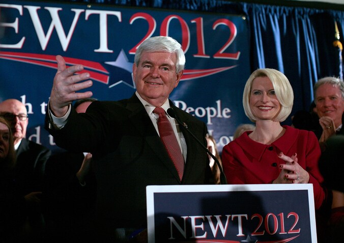 Een glunderende Newt Gingrich met zijn (derde) echtgenote Callista.
