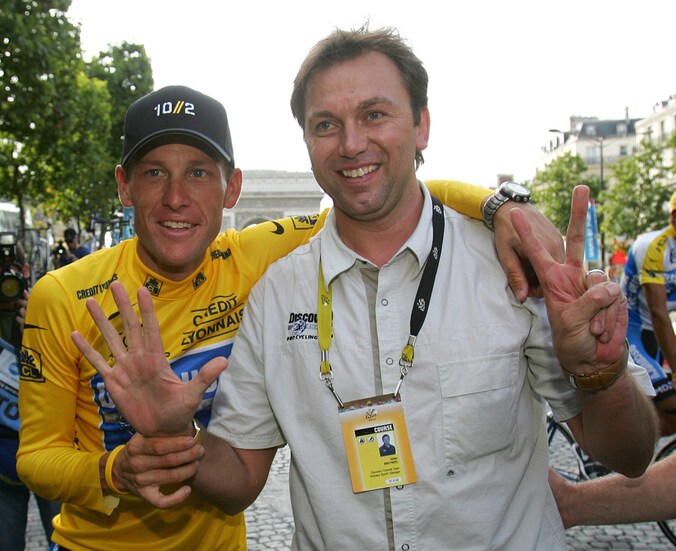 Bruyneel na de zevende Touroverwinning van Lance Armstrong.