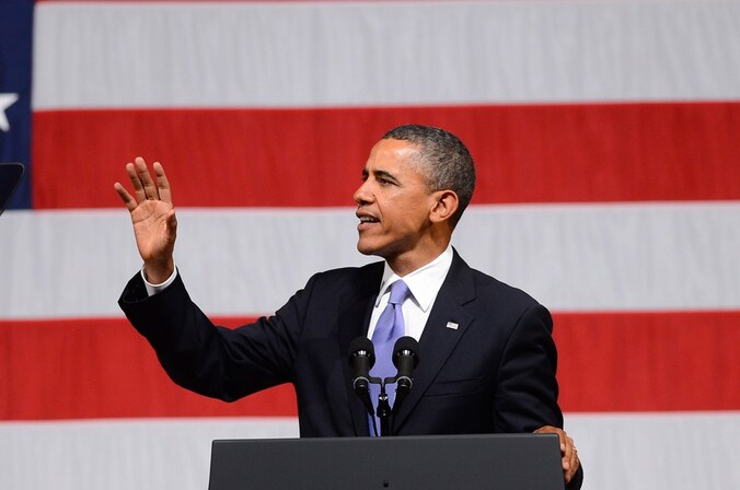 Barack Obama tijdens een toespraak in Boston, Massachusetts.