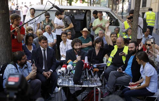 De Indignados, vandaag tijdens hun persconferentie in Madrid.
