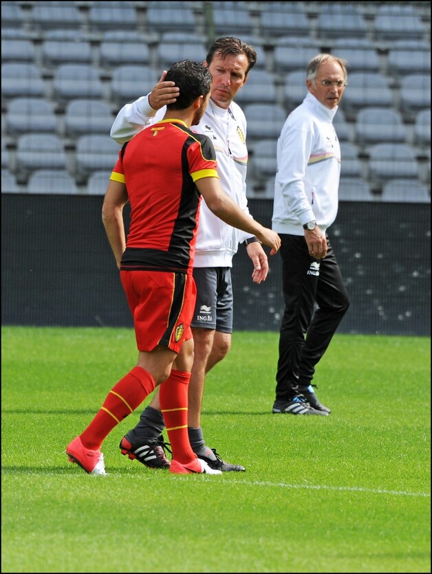 Marc Wilmots maakt zich zorgen over zijn poulain die de training vervroegd moet staken.