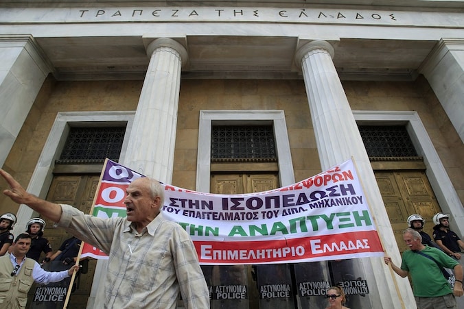 Demonstranten tijdens een betoging in Athene twee dagen geleden.