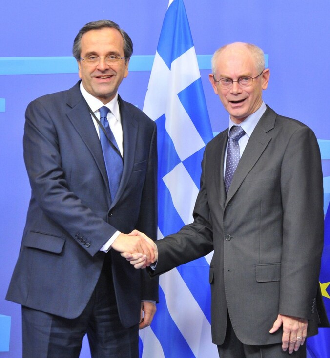 De Griekse premier Antonis Samaras met Europees president Herman Van Rompuy.