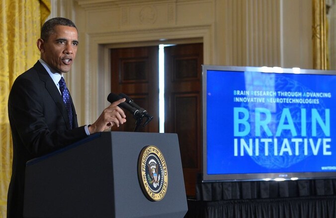 De Amerikaanse president Barack Obama vandaag tijdens de presentatie van het BRAIN-initiatief.