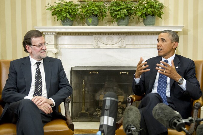 De Spaanse premier Mariano Rajoy en president Barack Obama in het Oval Office.
