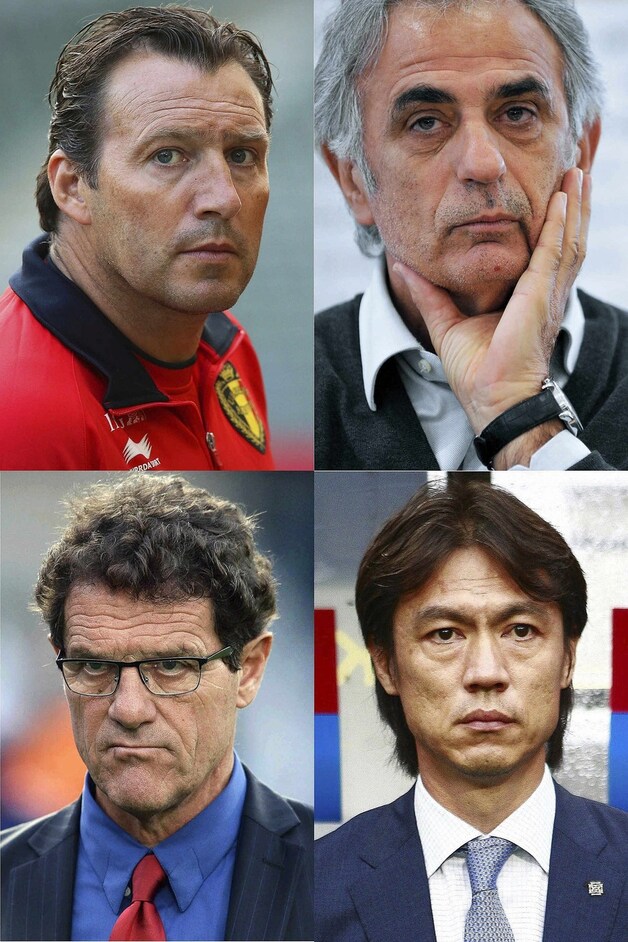 Marc Wilmots, Vahid Halilhodzic (Algerije), Fabio Capello (Rusland) en Hong Myung-Bo (Z-Korea).