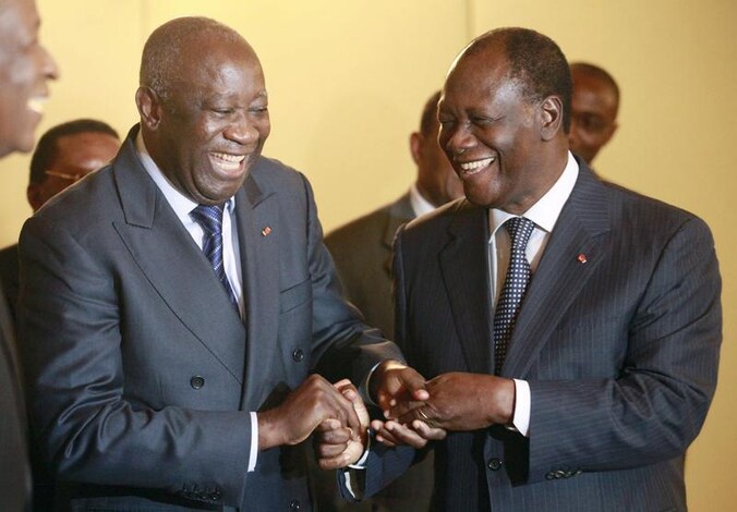 Laurent Gbagbo en Alassane Ouattara voor de verkiezingen.