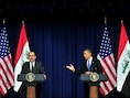 De Irakese president Maliki (L) tijdens een persconferentie met de Amerikaanse president Barack Obama.