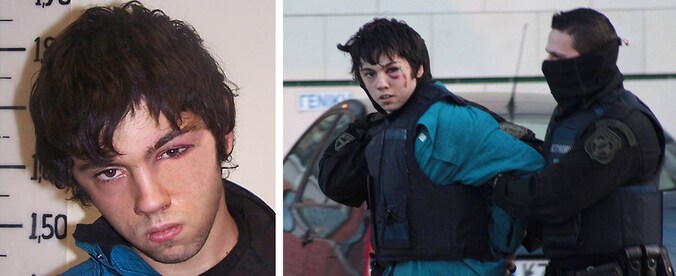 Nikos Romanos wordt beschuldigd van terrorisme en pogingen tot bankovervallen. Links de bewerkte foto van zijn aanhouding, rechts de foto genomen bij zijn arrestatie.