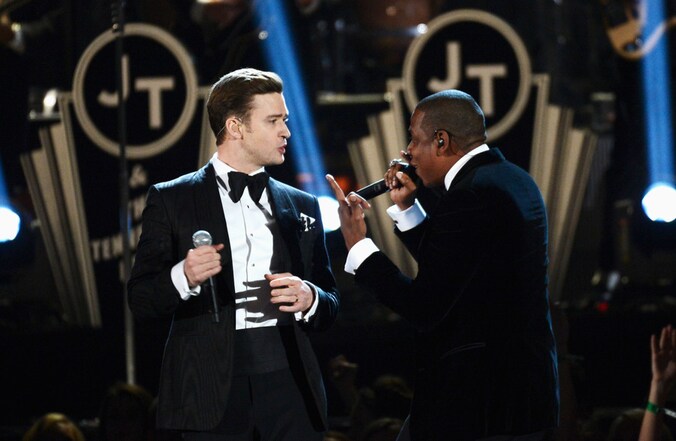 Justin Timberlake en Jay-Z op de Grammy Awards in Los Angeles.