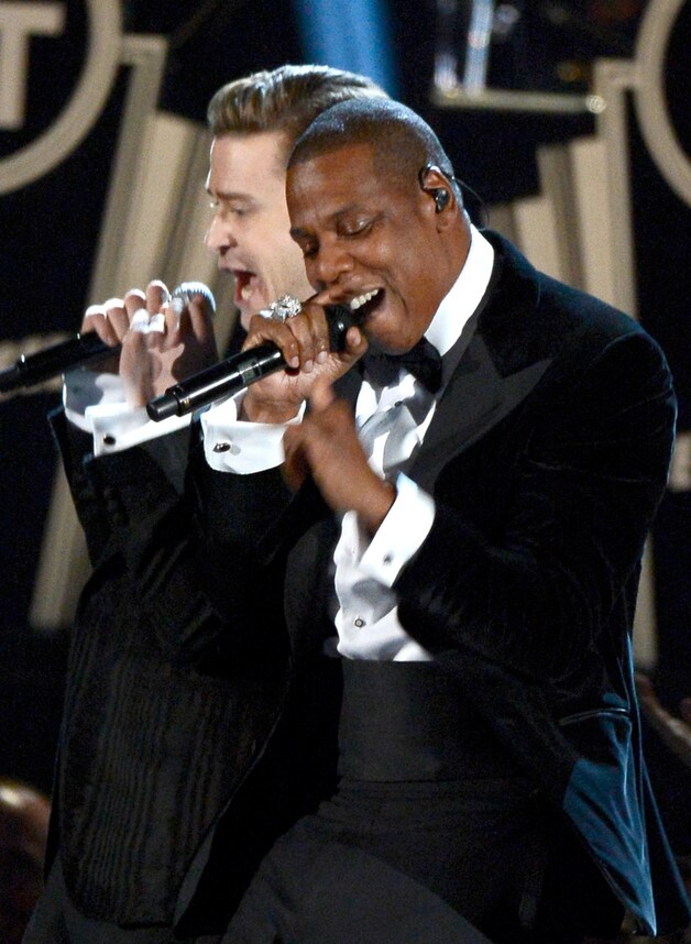 Justin Timberlake en Jay-Z op de Grammy Awards in Los Angeles.
