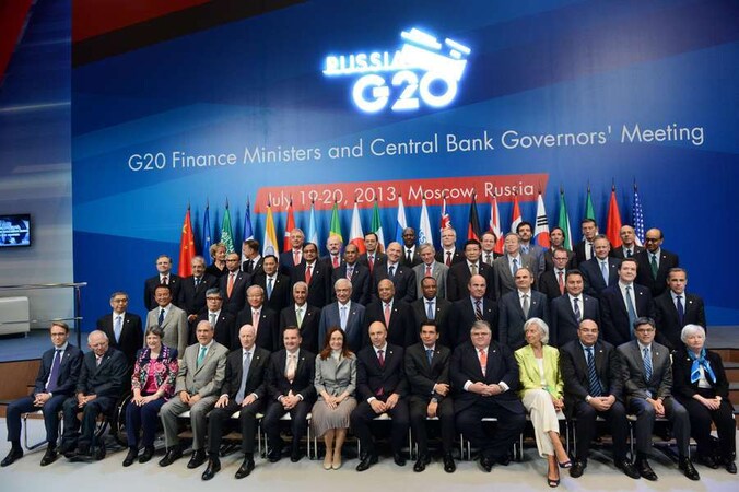 Deelnemers van de G20 conferentie in Moskou.