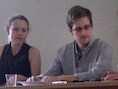 Edward Snowden tijdens een persconferentie in de luchthaven van Moskou.