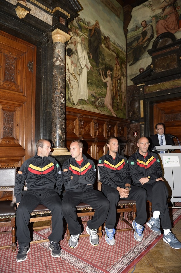 De Belgische delegatie met Rochus, Bemelmans, Darcis en captain Van Herck. Invaller Gigounon ontbreekt