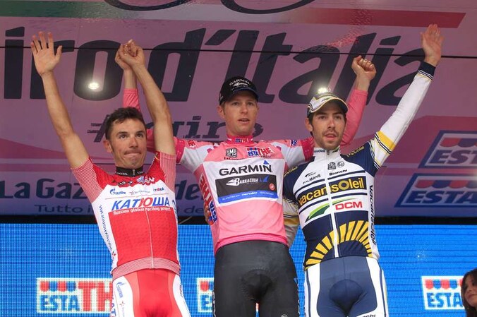 Het podium: Joaquin Rodriguez, Ryder Hesjedal en Thomas De Gendt.