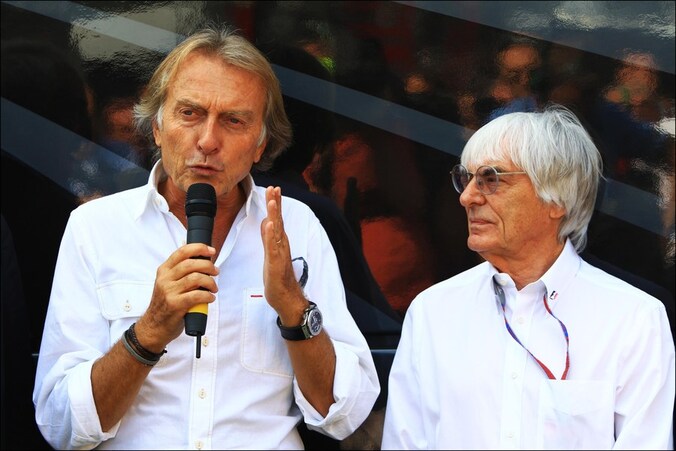 Ferrari-kopstuk Luca di Montezemolo naast F1-paus Bernie Ecclestone.