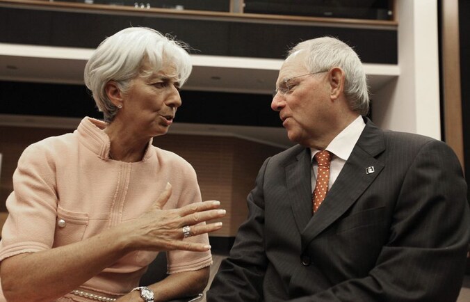 IMF-baas Christine Lagarde en de Duitse minister van Financiën Wolfgang Schäuble.