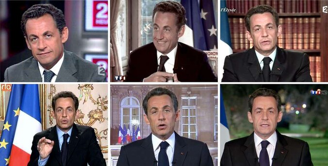 Een collage van Sarkozy in 2005, 2007, 2008, 2009, 2010 en 2011.