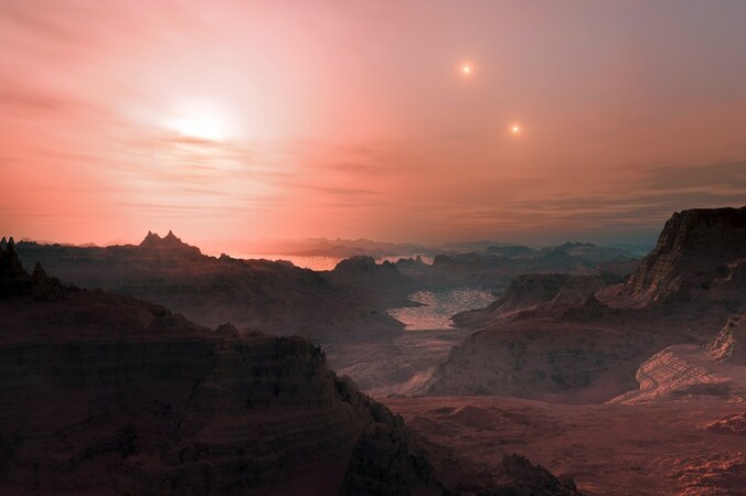 Impressie van een zonsondergang op de superaarde Gliese 667 Cc.