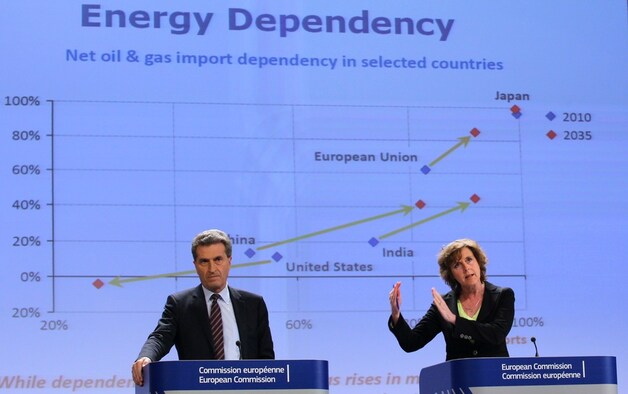 Eurocommissarissen Gunter Oettinger (Energie) en Connie Hedegaard (Klimaat).