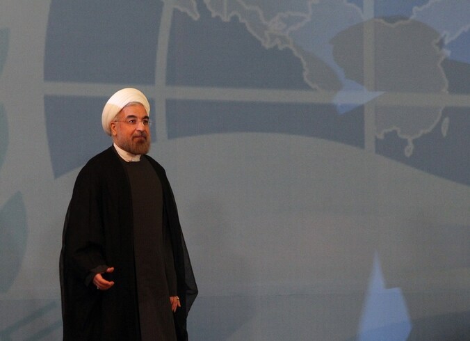 De Iraanse president Rouhani bij de Shanghai Cooperation Ogranisation-top in Bishkek, vandaag.