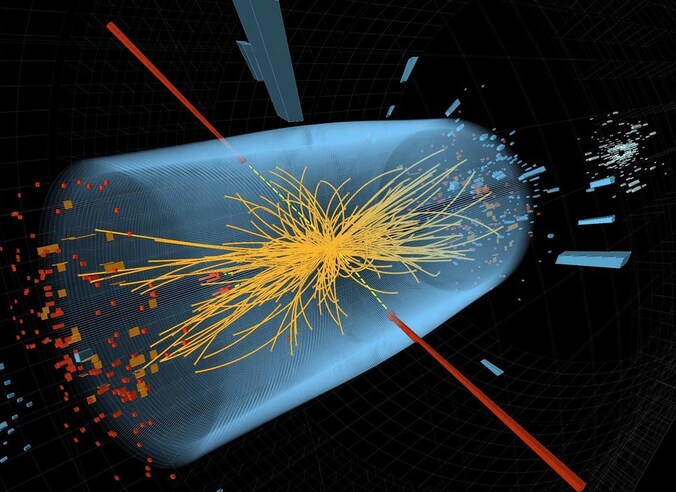Grafische voorstelling van de botsing van protonen in de deeltjesversneller van het CERN.