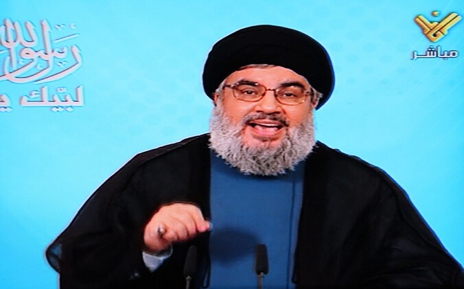 Hassan Nasrallah tijdens zijn oproep