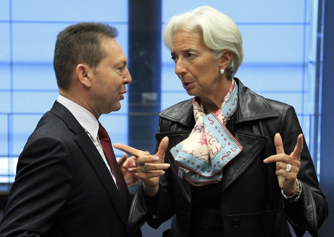 Yannis Stournaras (de Griekse minister van Financiën) en Christine Lagarde (voorzitter IMF)